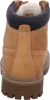 The back view of a tan work boot with a black collar and white lining. Produktbild-Vorschau