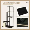 A cat tree with multiple platforms and a scratching board, accompanied by close-up images of a cushion and the surface material. Náhľad obrázku produktu