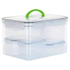 A clear, studio shot of a multi-compartment food storage container with a green handle. Produktbild-Vorschau