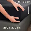 Hands are shown tucking a black fitted sheet onto a mattress. Text overlays indicate dimensions and size range. Produktbild-Vorschau
