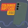 A green phone case is shown at an angle against a dark gray background with wavy blue lines at the bottom. Text overlays highlight the product. Produktbild-Vorschau