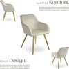 A collage of images showcasing a beige armchair with gold legs, accompanied by descriptive text highlighting its design and comfort. Produktbild-Vorschau