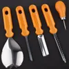 A set of five pumpkin carving tools with orange handles and silver metal parts, laid out on a black background. Náhled obrázku produktu