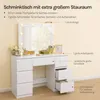 A white vanity table with a mirror and drawers, decorated with makeup and accessories. Produktbild-Vorschau