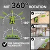 Diagrams and lifestyle shots showing a green cordless sweeper in use. Produktbild-Vorschau