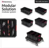 A collage of modular toolboxes and organizers, showcasing different configurations and a close-up of one filled with tools. Podgląd zdjęcia produktu