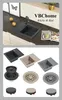 A collage of kitchen sinks and accessories, with a lifestyle shot of a black sink with a faucet at the top. Produktbild-Vorschau