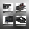 A collage of four images showcasing different features of black bathroom organizers. Voir les images du produit