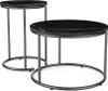 Two nesting round coffee tables with black marble tops and dark metal frames against a white background.