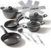 A set of Stoneline ceramic cookware is displayed on a white background, along with protective pads. Produktbild-Vorschau