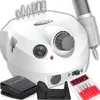 A white electric nail drill with various attachments and accessories, including a foot pedal and drill bits, arranged on a white background. Produktbild-Vorschau