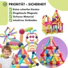 A collage of magnetic building blocks, a child giving a thumbs up, and text highlighting safety features. Náhled obrázku produktu