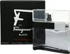 A black box and a clear glass bottle of F by Ferragamo Black eau de toilette for men. Podgląd zdjęcia produktu