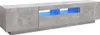 A modern, long, gray entertainment center with two open compartments illuminated with blue LED lights. Produktbild-Vorschau