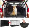 A dog in a crate in the back of a car, with additional images showing the crate's assembly and a handle. Produktbild-Vorschau