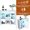 A white high-gloss sideboard with LED lighting, shown with decorative items and storage containers. The right side of the image includes marketing text and icons. Podgląd zdjęcia produktu
