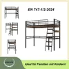 A collage of images showing a loft bed with a desk and shelves, along with certification and marketing text. Produktbild-Vorschau