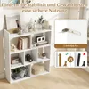 A white geometric bookshelf with various items on its shelves, accompanied by marketing graphics. Produktbild-Vorschau