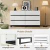 A white sideboard with black accents is displayed in a room setting, with close-up detail shots below. Produktbild-Vorschau