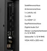 A close-up view of the ports and connections on the back of a television, with a list of its technical specifications. Produktbild-Vorschau