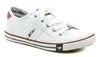 A white canvas sneaker with brown accents and a red and blue stripe around the sole. Produktbild-Vorschau