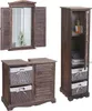 A bathroom furniture set including a wall mirror, a vanity unit with baskets, and a tall cabinet, all in a dark brown, rustic style. Náhľad obrázku produktu