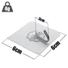 A single transparent adhesive hook with a silver metal hook is shown on a white background, with dimensions and weight indicated by text overlays. Produktbild-Vorschau