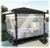 Klare Outdoor-Vorhänge mit schwarzem Besatz und Ösen, an einem Pavillon mit dunklem Dach angebracht, mit einem Bündel schwarzer Bungee-Seile im Vordergrund Anteprima dell’immagine prodotto