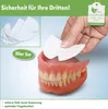 A hand is shown placing a denture liner onto a set of dentures. A pile of denture liners is visible in the background, along with marketing text and a logo. Produktbild-Vorschau