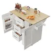 A white kitchen island with a wooden countertop, featuring open drawers and a side cabinet, stocked with various food items and bottles. Voir les images du produit