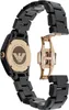 The back of a black ceramic Emporio Armani watch with a rose gold clasp. Voir les images du produit