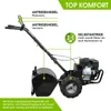 A garden tiller with labels pointing out its features. Produktbild-Vorschau