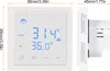 A white smart thermostat is shown from the front and side, with dimensions indicated. Náhľad obrázku produktu