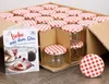 A box of glass jars with red and white checkered lids, along with a recipe book. Produktbild-Vorschau