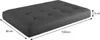 A dark gray tufted cushion or mattress is shown with dimensions indicated by lines and text. Produktbild-Vorschau