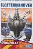 The image shows the front of a board game box for 'Flottenmanöver'. The box features a dramatic illustration of battleships and fighter jets in action, with two game boards visible in the foreground. Produktbild-Vorschau