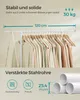 A clothing rack with clothes hanging on it, along with descriptive text and diagrams about its features. Produktbild-Vorschau