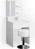 A white vanity table with a mirror and shelves, accompanied by a white stool, set against a white background. Podgląd zdjęcia produktu