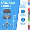 Collage of an adjustable height rolling stool with different color options shown on the right. Dimensions and weight capacity are also displayed. Produktbild-Vorschau