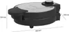 A black and silver waffle maker with dimensions indicated by lines and measurements. Náhľad obrázku produktu
