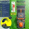 A lawnmower and its accessories are displayed on a grassy background with marketing text and graphics. Produktbild-Vorschau