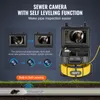 A sewer camera system with a monitor, cable, and camera head shown in a diagram illustrating its self-leveling function and use in a pipe. Anteprima dell’immagine prodotto