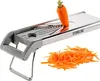 A stainless steel mandoline slicer with a carrot being sliced and a pile of shredded carrots. Produktbild-Vorschau