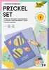 The image shows the packaging of a 'Prickel Set' with various craft supplies and examples of finished projects. Produktbild-Vorschau