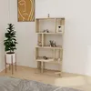 A modern wooden bookshelf with various items displayed on its shelves, placed in a room setting. Produktbild-Vorschau