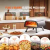 A SucceBuy electric pizza oven is shown on a kitchen counter, with various food items and descriptive text highlighting its features. Produktbild-Vorschau