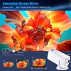 A marketing image for a projector, showing its screen mirroring capabilities with various devices and a close-up of a flower. Produktbild-Vorschau