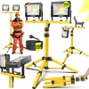 A collage of images showcasing a yellow LED work light with a tripod stand, a person in construction attire, and various components of the light. Produktbild-Vorschau