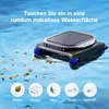 A robotic pool skimmer is shown in a pool of water, surrounded by leaves and debris. Below the skimmer, there are four circular icons illustrating different types of debris: leaves, twigs, hair, and dust/insects. Náhľad obrázku produktu