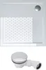 A white square shower tray with a textured surface and a circular drain hole, shown above a white shower drain assembly. Produktbild-Vorschau